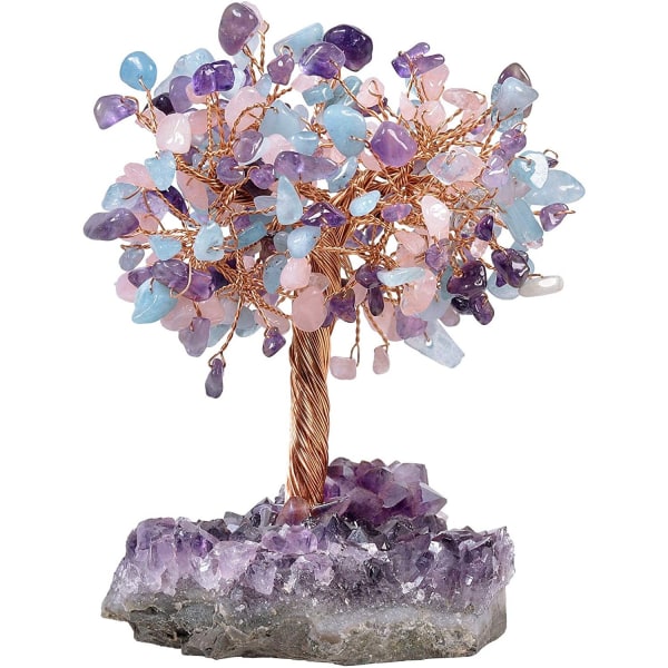 Natural Rose Quartz & Aquamarine & Amethyst Crystal Tree with Amethyst Cluster Crystal Base Meditation Table Altar Decor