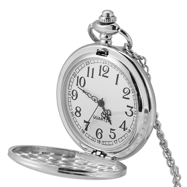 Classic Quartz Analog Smooth Pocket Watch Necklace Pendant with Chain Silver