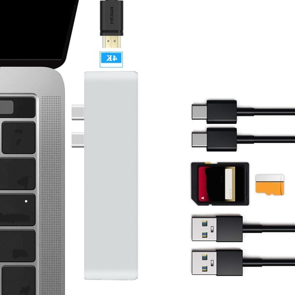 All-in-1-monitoiminen kaksipäinen Type-c-keskitin Telakointiasema Apple-kannettaville tietokoneille, joissa on USB-C (100 W PD) - hopea