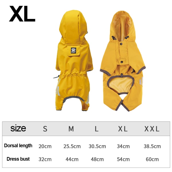 Vanntett valpehundregnjakke med hette for små og mellomstore hunder, poncho med refleksbånd, lett jakke - gul XL