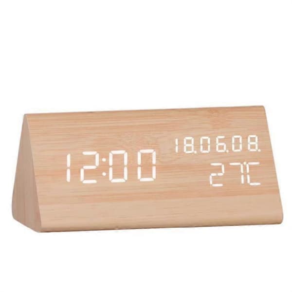 Digital vekkerklokke i tre, 0-100 % dimmer, 2 alarminnstillinger, ukedag/hverdag-modus, 9 minutter