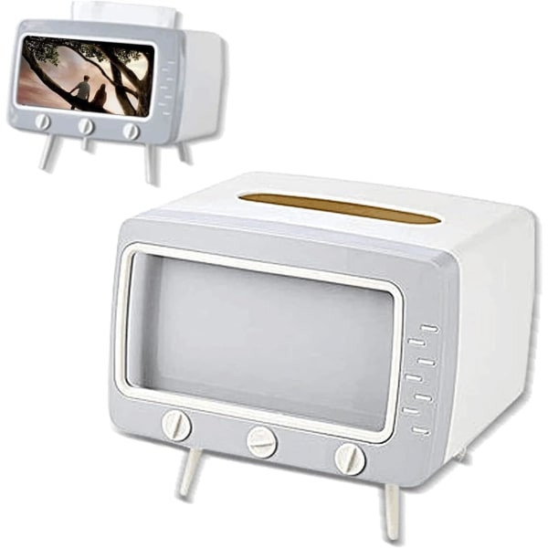 Retro TV-formad servettbehållare med telefonhållare, multifunktionell servettbehållare för kök, sovrum, kontor, vardagsrum, badrum, grå