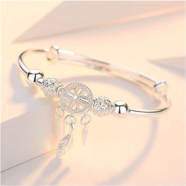 Justerbart 925 Sterling Silver Dream Catcher Tassel Feather Rund Pärla Charm Armband Bangle för Kvinnor Elegant Smycken Väl Designad