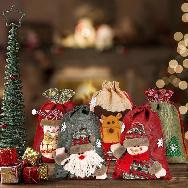 5-pack 3D julklapps- och festpåsar, snögubbedesign, dragskopåsar 20x28cm + 20x30cm, röda julgodispåsar