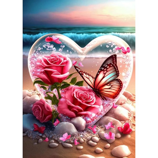 Blommor Heart Diamond Art Kit, 5D DIY Full Drill Seaside Butterflies Paint with Diamonds, Crystal Gem Art for Home Wall Decor 12 x 16 In