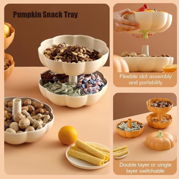 Two-pack Pumpkin Double-Layer Snack Tray, Three-Compartment Halloween Snack Bowl Holder with Toothpick Storage Compartment, Fruit Plate for Movie Night
