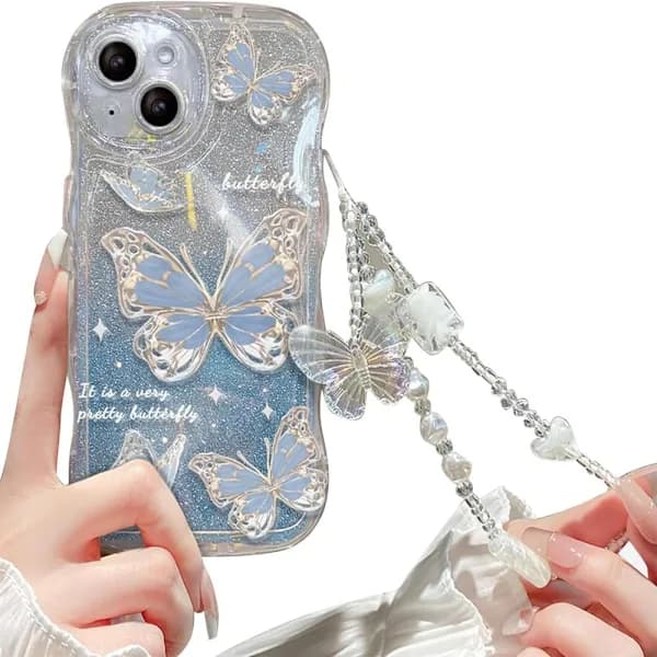 Kompatibel med iPhone for kvinner/jenter, søt sommerfuglglitterbling med armbånd ripebestandig støtsikkert deksel til iPhone blå