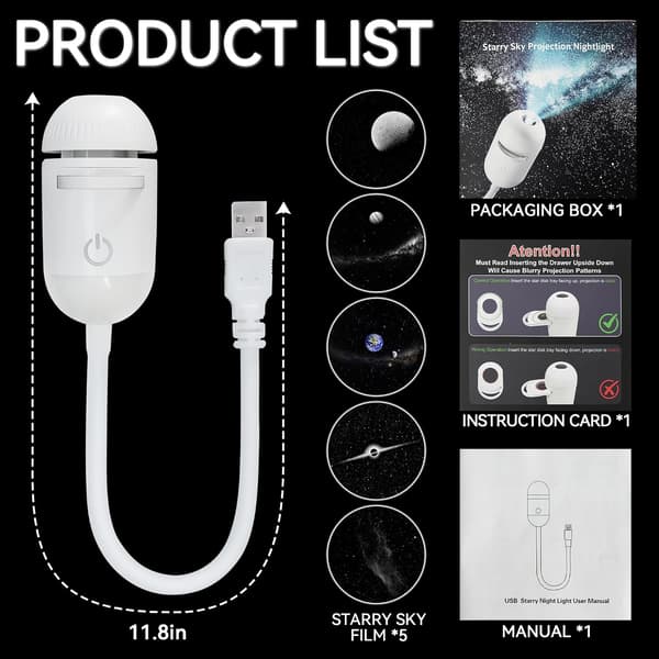 2-in-1 Starry Sky Projector Night Light, 5 Slides, Adjustable Focus & Brightness, 360° Rotating USB for Bedroom Car Roof