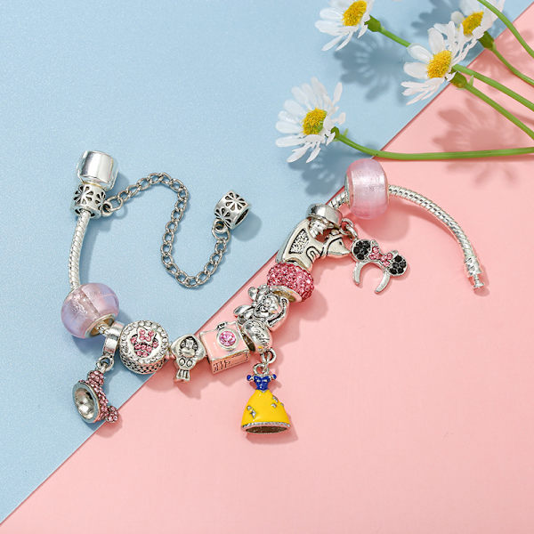 Rosa berlocker armband med tecknat tema, passar till Pandora, dam DIY smycken-liten klocka（21 cm/8,2 tum）