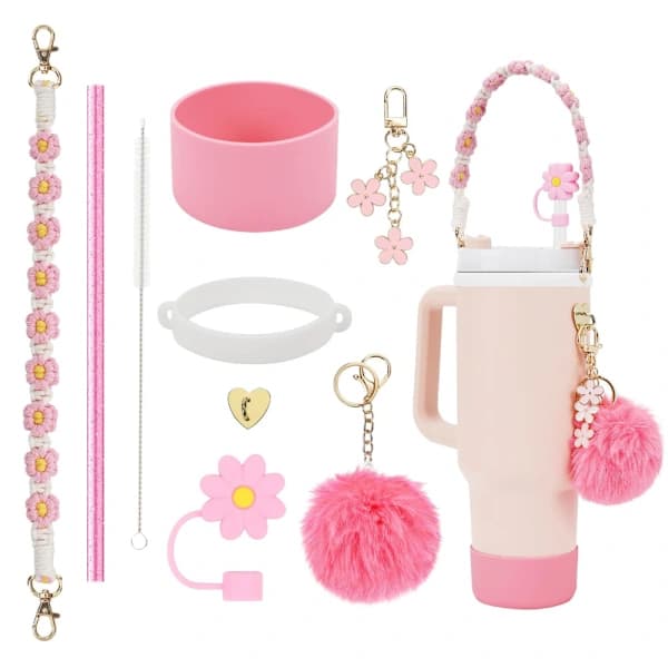 7-piece Stanley Cup Accessory Set with Pompom Protector and Straw Cover for 8 to 40 oz Mugs, Pink