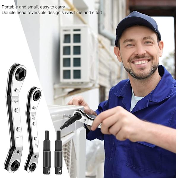 4 stk. HVAC Service Nøgle, 3/8 til 1/4 tommer 5/16 til 1/4 tommer Hånd Køleudstyr Værktøjssæt Ratsjenøgle Sæt med Hexagon Bit Adapter Kit til Udstyr Reparation