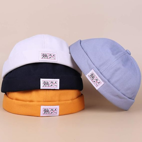 Cap Brimless Hat Beanie Rolled Cuff Retro Sailor Hat med justerbar（Hvid）