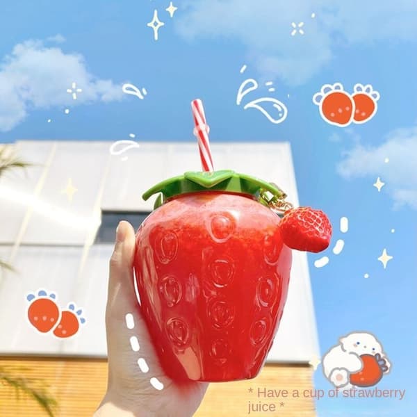 500 ml Strawberry Straw Cup, Cute Milk Tea Cup, Portable