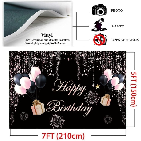Onnellinen syntymäpäivä tausta glitter vaaleanpunainen musta ilmapallo tausta vastasyntyneelle vauva suihku 1. syntymäpäivä tarvikkeet glitter bokeh tausta banneri 7x5ft