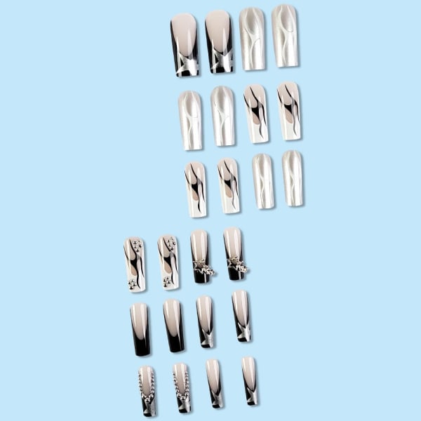24 st Press on Nails Långa fyrkantiga falska naglar Svarta franska lösnageltips med stjärndesign Söt konstgjord nagelsats i akryl Långt svart lim på naglar