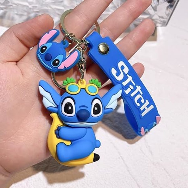 Anime söt Stitch silikon nyckelring, PVC-hänge nyckelkedja ringhållare handledsaccessoarer för barnpresenter (Shi Dizai-Banana)