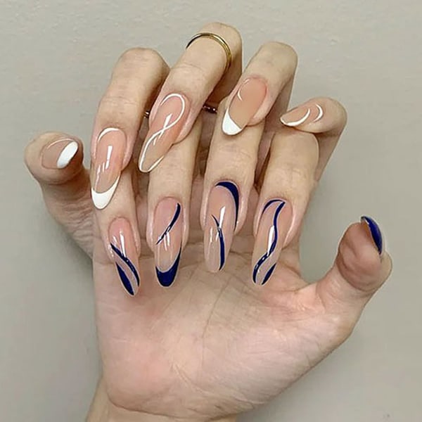 1 ST Nail Art falska naglar (CJP1983-B3 minimalistiska blå och vita linjer [bär modell])