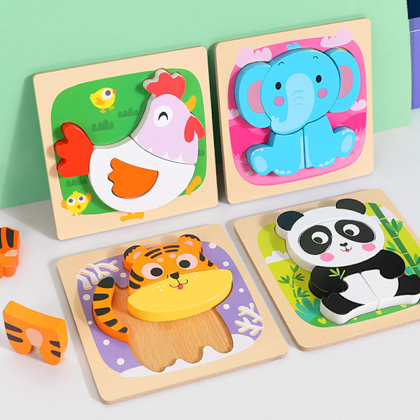 TOY Life Trä Djur Pussel för Småbarn 1-3, Baby Pussel för Barn i Åldern 1-3, Pedagogisk Lärande Leksak för 1 2 3+Åriga Pojkar Flickor-4 PCS-A