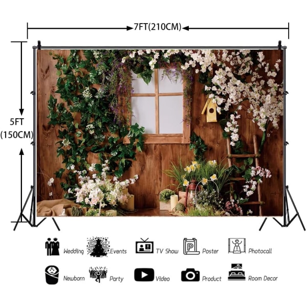 Trädgårdsfotografering Bakgrund Trä Fönster Gröna Växter Blommor Bakgrund Barn Baby Shower Fest Dekoration Studio Fotografering Rekvisita (7X5FT)