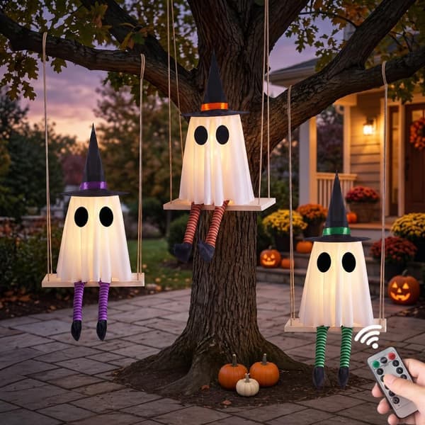 Halloween Swinging Ghost Outdoor Decor, Scary Hanging Ghost Decorations Set of 3, Timer Function, Remote Control, Unique Ghost and Witch Fusion Design