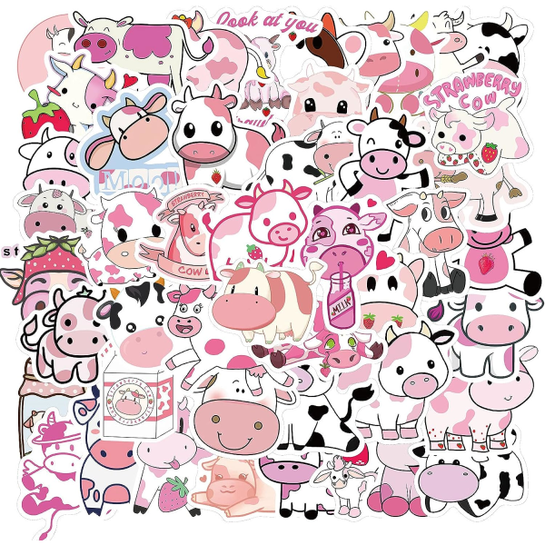 Söta rosa ko-klistermärke Kawaii-klistermärken för fest Vinyl Vattentäta tecknade djurklistermärken för vattenflaska, bärbar dator, kuvert, hantverk Scrapbooking50 st