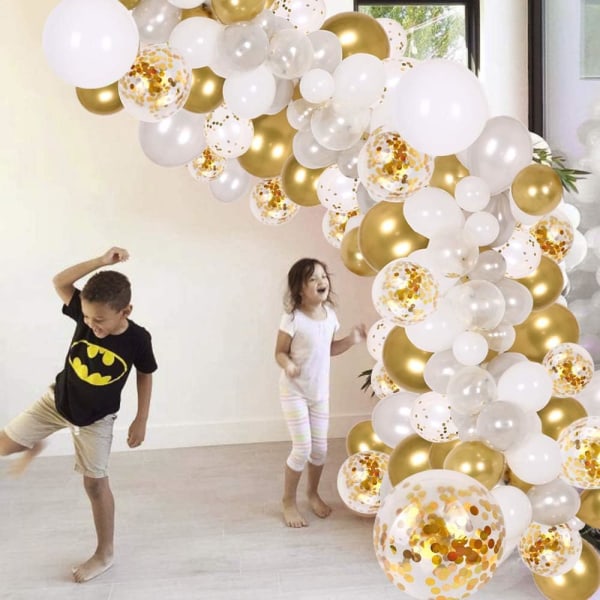 Ballongbåge & kranssats, 138st set för festballonger, guldkonfetti & silver & vita & transparenta ballonger