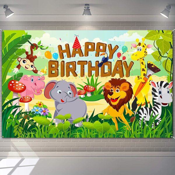 Jungle Animals Happy Birthday Banner Wild Animal Theme Birthday Party Decorations for Forest Background Decoration Photography Backdrop 6X3.6ft