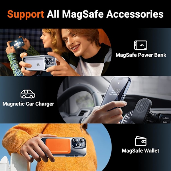 Magneettinen iPhone 16 Pro Max -kotelo, [Sisäänrakennettu näkymätön jalusta][Yhteensopiva MagSafe-tekniikan kanssa] [Sotilastason iskunkestävä] Ohut läpikuultava Clear-Stand iPhone 15 Pro Max
