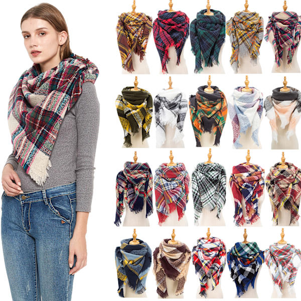 Mode Vinter Varmt Stort Tartan Tæppe Plaid Sjal SJ-24#Light Gray and Pink 135x135x200cm