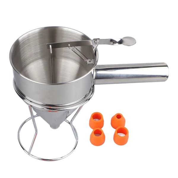 Deigdispenser i rustfritt stål med 4 silikonmunnstykker for pannekaker og muffins