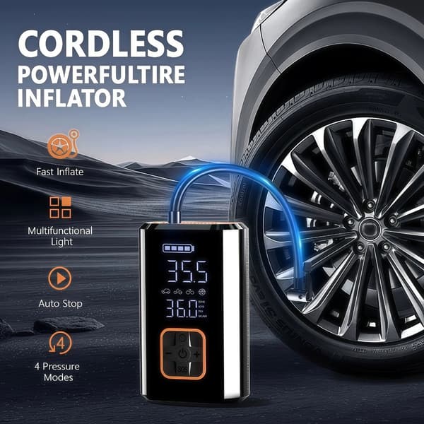 Trådlös däckpump 80W Bärbar luftkompressor 150psi med LED-ljus, uppladdningsbart 3x2000mah batteri, USB-C, ±1.5psi noggrannhet och 35l/min flöde