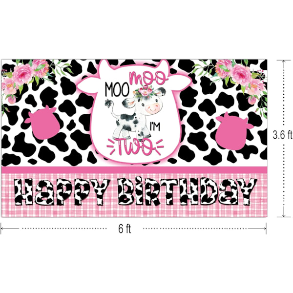 6 x 3,6 fod Baby Girl 2. fødselsdag Banner Baggrund Muu Jeg er To Dekoration Gård Dyr Ko Festartikler (CX-027)