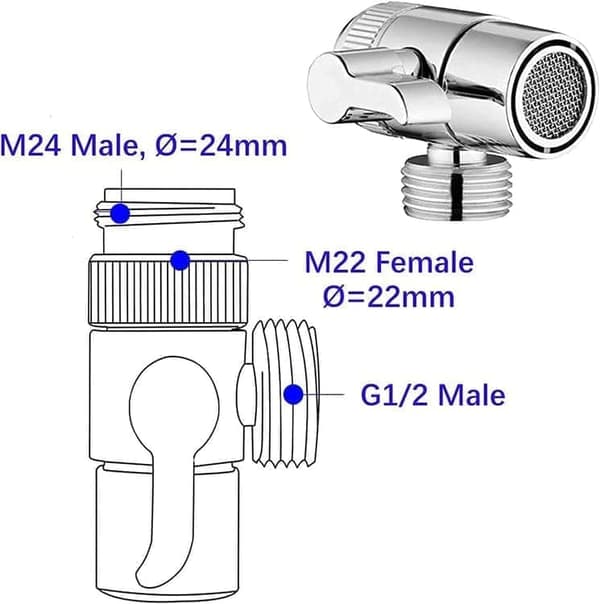 Faucet Adapter with Diverter - 3-Way Switch with M22/M24/G1/2\" Threads for Kitchen Faucet & Hand Shower