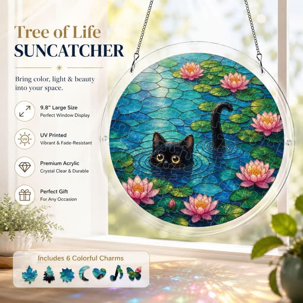 Lotus Black Cat Acrylic Puzzle Suncatcher, 83 Pieces DIY Decor