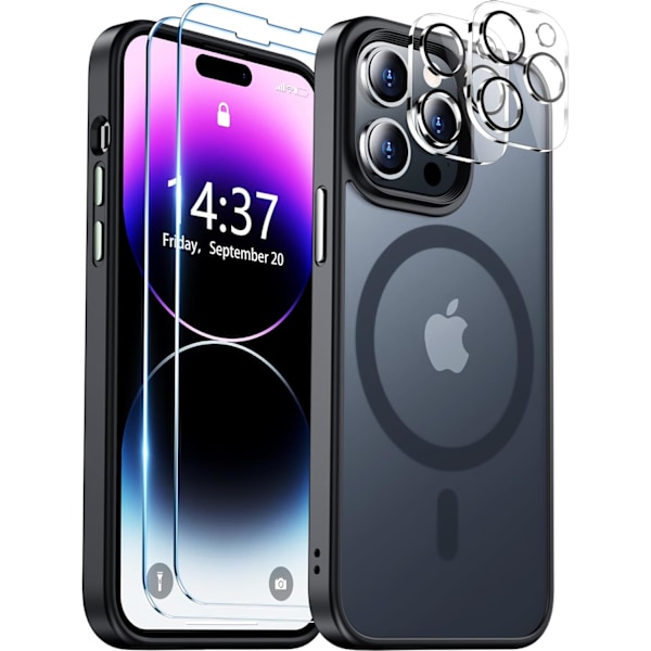 Magneettinen iPhone 16 Pro Max -kotelo, [Sisäänrakennettu näkymätön jalusta][Yhteensopiva MagSafe-tekniikan kanssa] [Sotilastason iskunkestävä] Ohut läpikuultava Black Matte iPhone 14 Pro Max