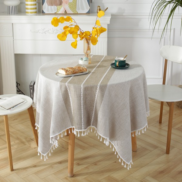 Rund dug 120cm Khaki Vaskbar Linned og Bomuld Dug Pletbestandig med Kvaster, Stribet Broderi Til Fødselsdag, Bryllup, Sofabord