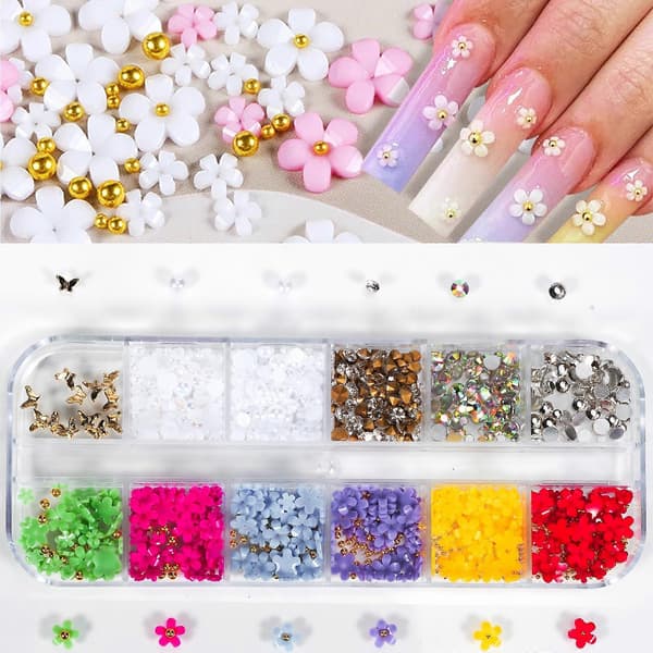 12 Gitre 3D Blomster Neglekunst Charms med Perler, Farverige Akryl Blomsterdekorationer DIY Sæt