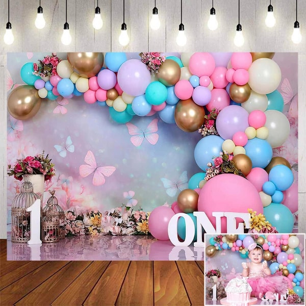 Pink Gold Balloon Girl Første Fødselsdagsfest Baggrunde Sød En Wonderland Blomster Sommerfugl Baggrund Fuglebur Prinsesse Fødselsdag Dekorationer 7x5ft