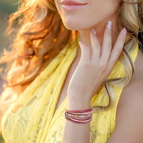 Boho Charm Wrap Armband för Kvinnor, Handgjorda Tassel Sten Kristall Pärlad Läder Design Magnetisk Spänne Bohemian Armband