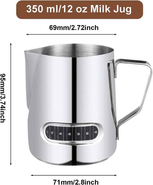 Mælkeskummer - 350 ml kaffekop i rustfrit stål med termometer, Barista-steamer til Cappuccino Latte Art
