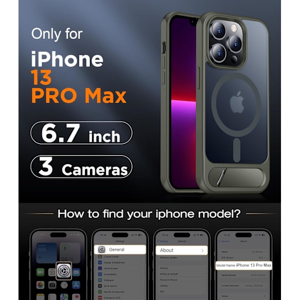 Magneettinen iPhone 16 Pro Max -kotelo, [Sisäänrakennettu näkymätön jalusta][Yhteensopiva MagSafe-tekniikan kanssa] [Sotilastason iskunkestävä] Ohut läpikuultava Gray iPhone 13 Pro Max