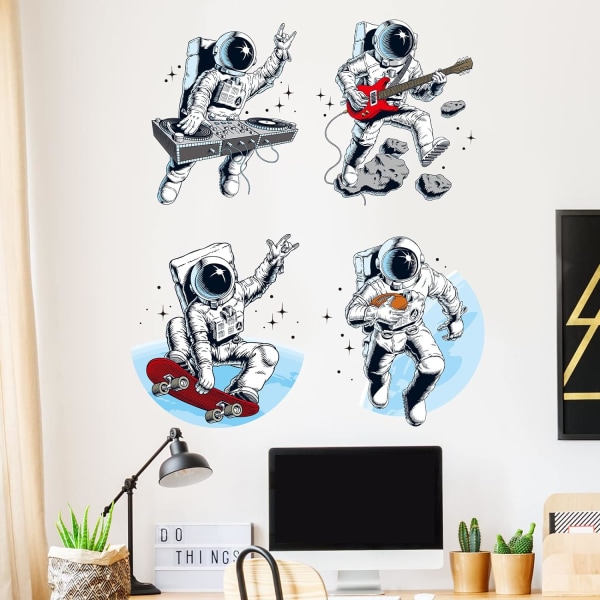 Astronaut Veggdekor Klistremerke Avtakbart Ytre Rom Kosmisk Veggklistremerker Romfarer Gitar Skateboard Veggdekor Romtema Veggdekor Mural