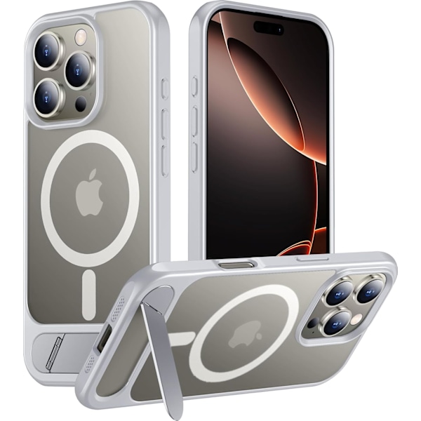 Magneettinen iPhone 16 Pro Max -kotelo, [Sisäänrakennettu näkymätön jalusta][Yhteensopiva MagSafe-tekniikan kanssa] [Sotilastason iskunkestävä] Ohut läpikuultava Silver for iPhone 16 Pro Max 6.9"