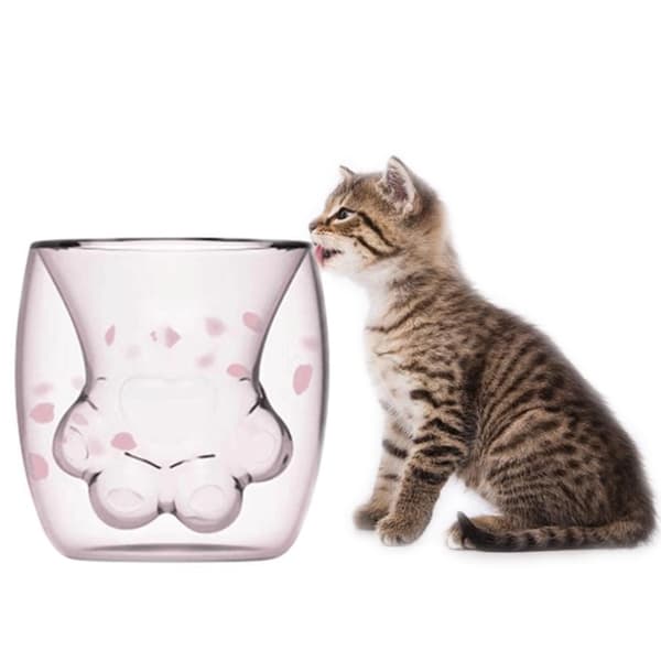 Kattklo Kopp Glas dubbelkopp Rosa glaskopp Dubbel mjölkkopp Kaffekopp Söt glaskopp