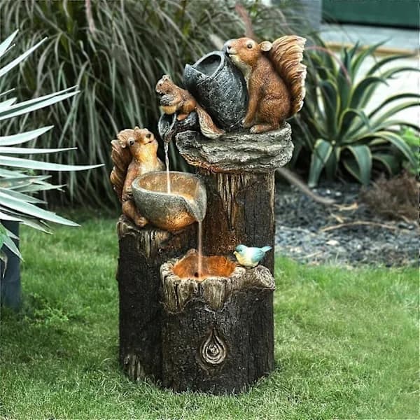 Solar-powered Squirrel Shaped Cascade Water Fountain with LED Lights and Water Pump.