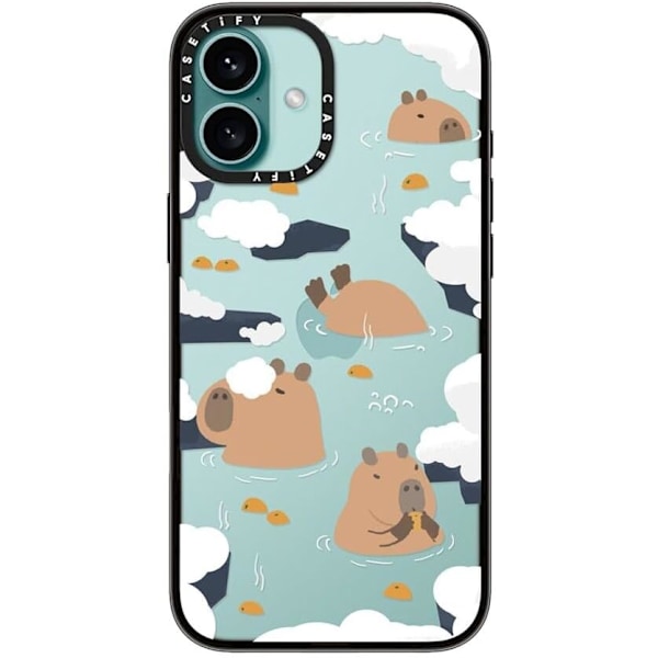 Kompakt iPhone 16 Pro Max Deksel [Lettvekt / 1,2 m 2X Militær Grad Fallbeskyttelse/Slank] - Kirsebær - Klar Svart Floating Capybara iPhone 16 Plus