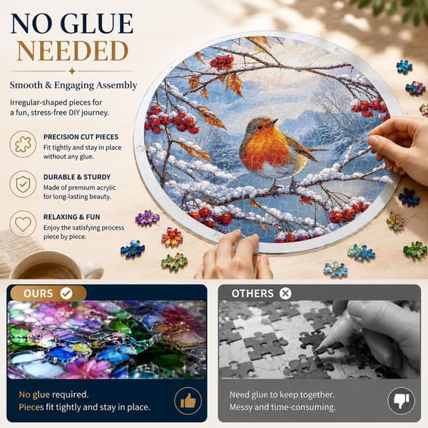 Winter Robin Acrylic Puzzle Suncatcher, 83 Pieces DIY Dec