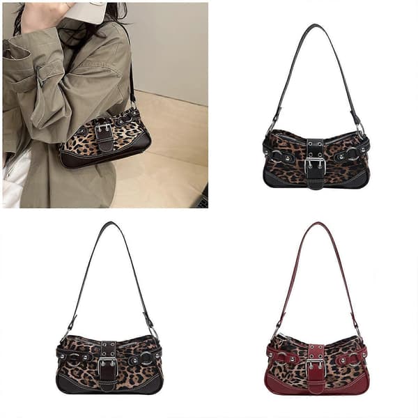 Mode Leopard Skuldertaske Retro Stil PU Læder Underarmstaske Multirums Aftenpung til Kvinder Piger Kaffe Coffee