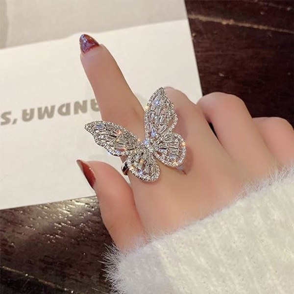 Cubic Zirconia Butterfly Ring Sparkling Crystal Bow-Knot Knuckle Ring Wedding Jewelry for Women and Girls (Silver)