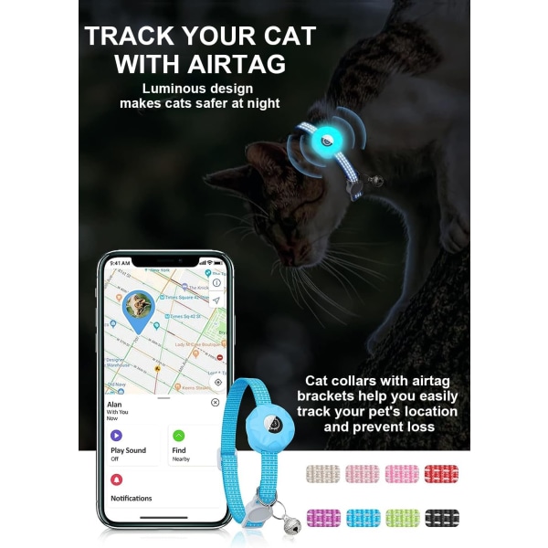 AirTag katthalsband - Inbyggt reflekterande halsband med AirTag hållare - GPS - för kattungar och valpar - med klocka - Lysande blå